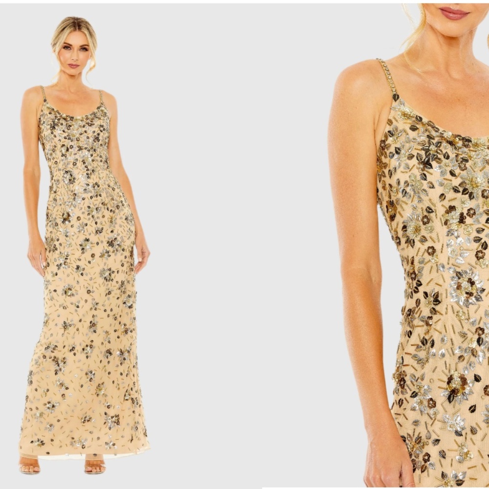 MAC DUGGAL 5477 BEIGE GOLD EMBELLISHED SCOOP NECK EVENING GOWN sz 6